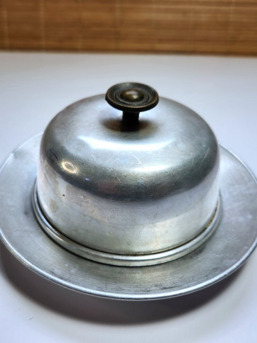 Vintage 1950s Spun Aluminium Round Butter Dish Dome Ribbed Glass Insert MCM